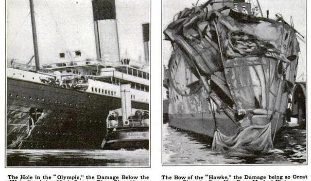 Imágenes de los daños al Olympic y al HMS Hawke que aparecieron en el London Times. Foto: dfusión   
