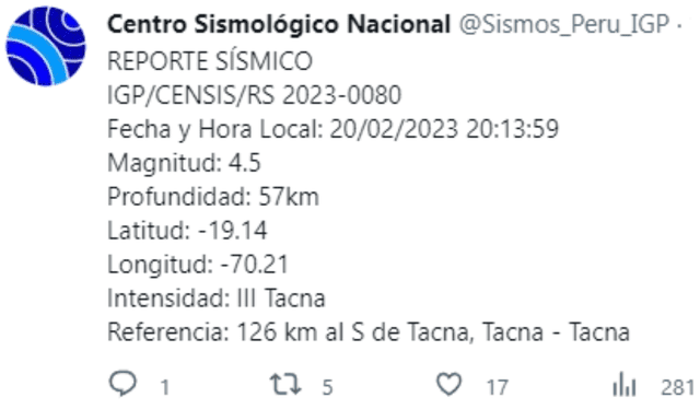 Datos del sismo en Tacna. Foto: IGP   