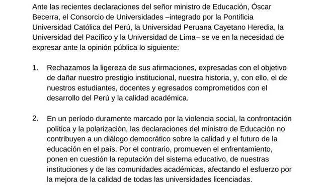  El Consorcio de Universidades rechaza las declaraciones del Ministro de Educación. Foto: Consorcio de Universidades    