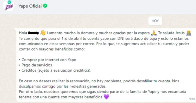  A través de WhatsApp, aplicativo detalla a usuarios sobre la eliminación de Yape con cuenta DNI /Foto: captura<br><br>   
