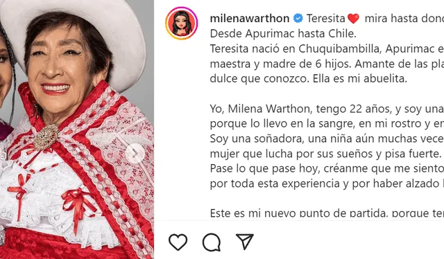  Milena Warthon y su mensaje previo a su segundo show en Viña del mar. Foto: Instagram de Milena Warthon   