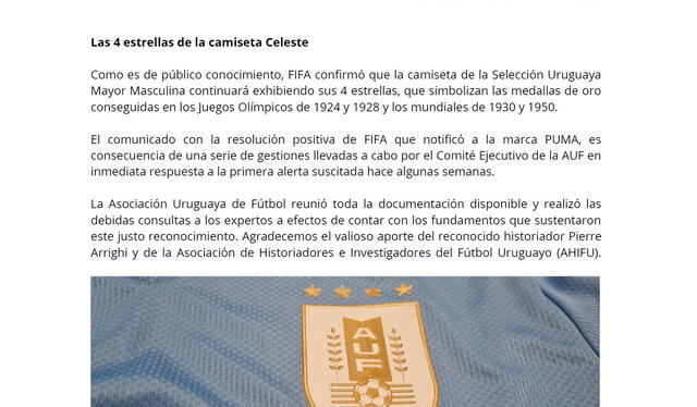 El comunicado de la AUF que confirmó la autorización de la FIFA para que Uruguay pueda seguir usando sus cuatro estrellas. Foto: AUF   