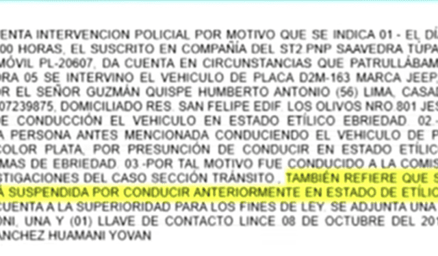 Acta policial de Humberto Guzmán tras manejar ebrio. Foto: captura de Panamericana   