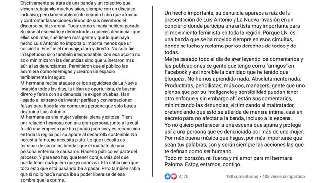  1.4.2019 | Publicación de Nicolás Duarte sobre su hermana Paloma Duarte. Foto: captura Facebook<br>    