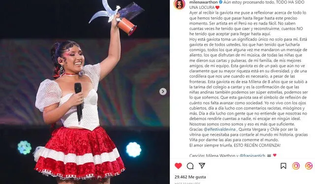 Milena Warthon manda emotivo mensaje tras haber ganado el Festival de Viña del Mar. Foto: Instagram   