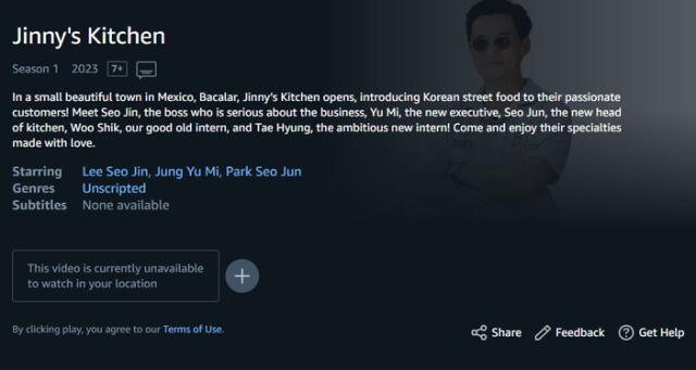Así luce la página de "Jinny's Kitchen" en Amazone Prime Video. Foto: captura   