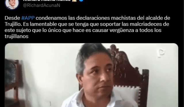 Acuña calificó como declaraciones machistas los insultos. Foto: captura de Twitter/Richard Acuña   