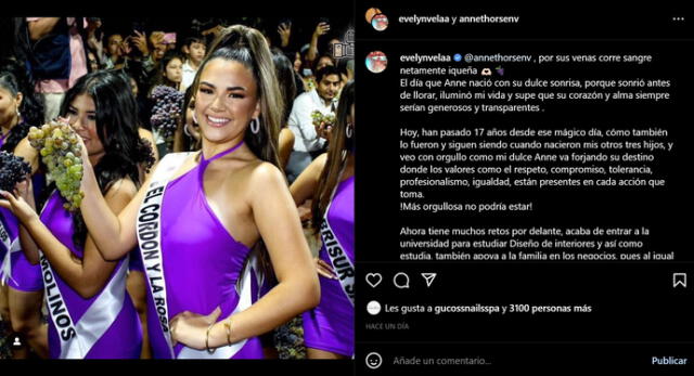 Evelyn Vela felicita a su hija por gana certamen de belleza. Foto: captura de Instagram   