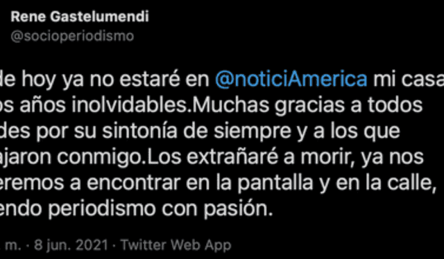 René Gastelumendi anuncia su salida en Twitter. Foto: Twitter   