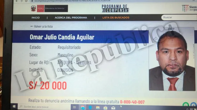  Ministerio del Interior ofrece S/20.000 por el exalcalde de Arequipa Omar Candia Aguilar. Foto: La República<br><br>    
