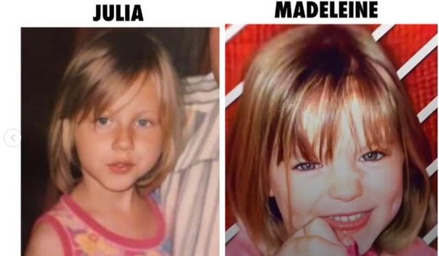  Julia Faustyna de niña , junto a una foto de Madeleine McCann. Foto: @iammadeleinemccan/Instagram    