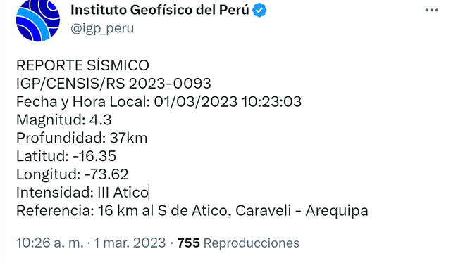 Último sismo en Arequipa. Foto: IGP   