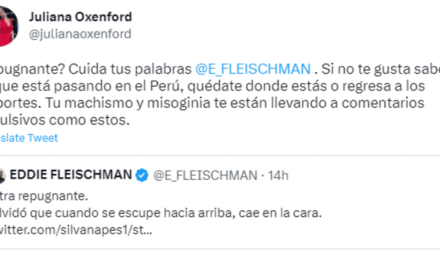  Juliana Oxenford responde a Eddie Fleischman. Foto: captura de Twitter/Juliana Oxenford   