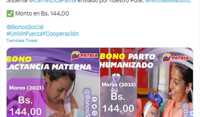 ¿Cuándo cobrar el bono Lactancia Materna y Parto Humanizado? Foto: Bono Social/Twitter.   