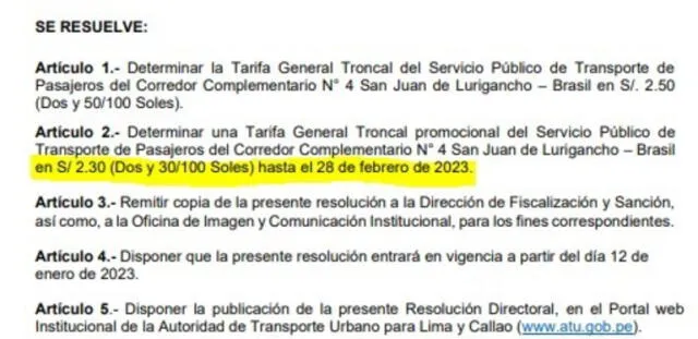  Resolución publicada en enero indica el alza de precio en el corredor morado. Captura de pantalla   