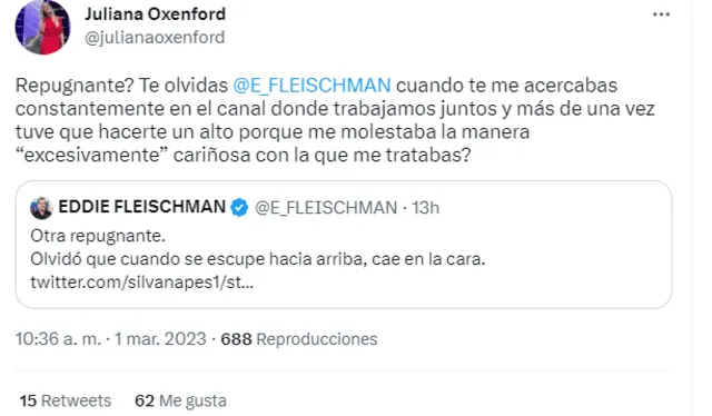 Juliana Oxenford responde a Eddie Fleischman en tuit borrado. Foto: captura de Twitter/Juliana Oxenford   