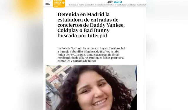  Así comunicó la prensa española sobre la captura de la estafadora peruana Pamela Cabanillas en España. Foto: captura de ABC    