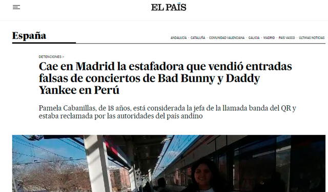  Así informó la prensa española sobre la detención de la estafadora peruana Pamela Cabanillas en España. Foto: captura de El País    