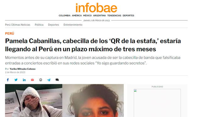  Así informó la prensa argentina sobre la detención de la estafadora peruana Pamela Cabanillas en España. Foto: captura de Infobae    