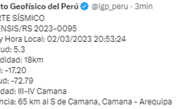 Datos del sismo en Arequipa. Foto: IGP 