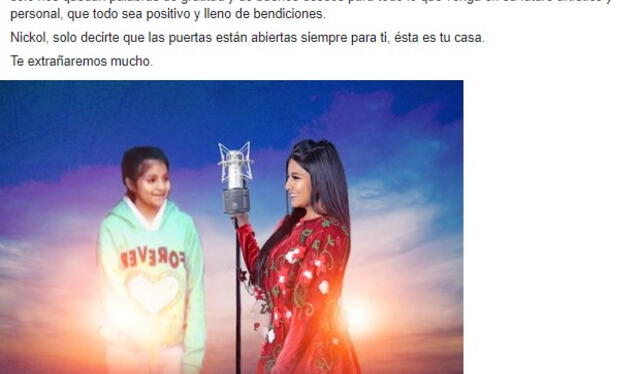  Corazón Serrano dedica mensaje a Nickol Sinchi. Foto: Facebook/Corazón Serrano   