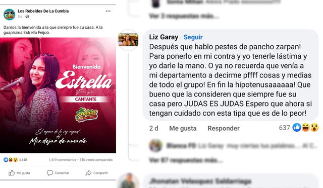  Comentario de Liz Garay en el post de Los Rebeldes de la Cumbia para dar la bienvenida a Estrella Feijoó. Foto: captura de Facebook<br><br>    