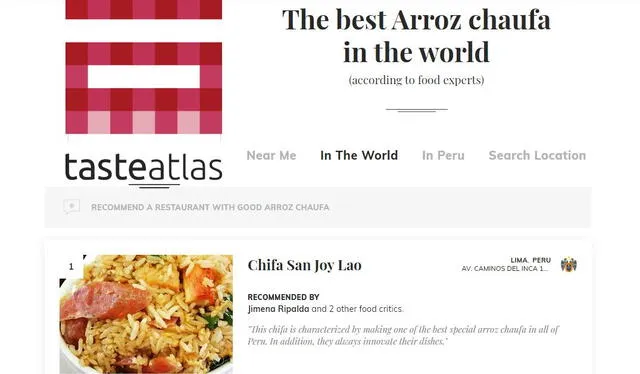 ¡Orgullo nacional El chifa San Joy Lao tiene al mejor arroz chaufa del mundo. Foto: Web de Taste Atlas   