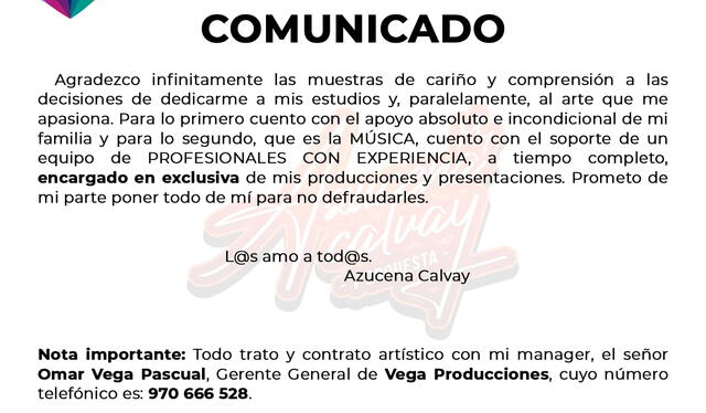  Comunicado de Azucena Calvay. Foto: Instagram   