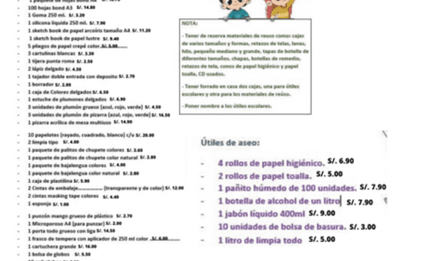  Lista de útiles escolares de un colegio estatal. Foto: Cortesía    