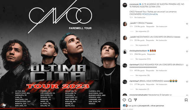  CNCO revela países que visitará en su gira 2023. Foto: Instagram 