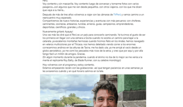 Manolo del Castillo reveló que el programa de TV "Reportaje al Perú" retomó sus grabaciones. Foto: Facebook/Manolo del Castillo   