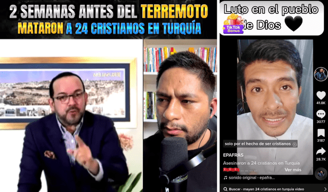  Video con desinformación (izquierda) fue compartido por usuarios en cuentas de contenido religioso en Facebook (centro) y TikTok (derecha). Foto: composición LR/captura de Facebook   