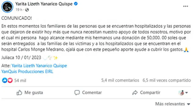  Yarita Lizeth donó 50 mil soles a los protestantes heridos en el hospital de Juliaca. Foto: Facebook   