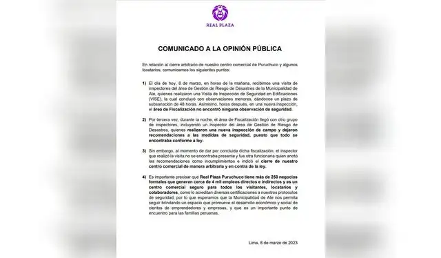 Comunicado emitido por Real Plaza. Comunicado emitido por Real Plaza.