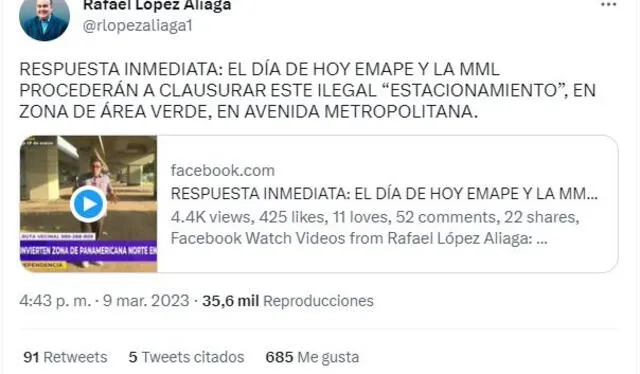 Pronunciamiento del burgomaestre de la capital luego de la denuncia presentada por Latina. Foto: captura de Twitter / @rlopezaliaga1   