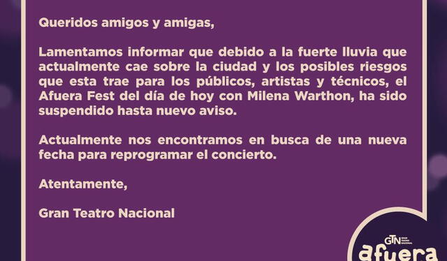 El comunicado del Gran Teatro Nacional. Foto: Gran Teatro Nacional/Facebook   