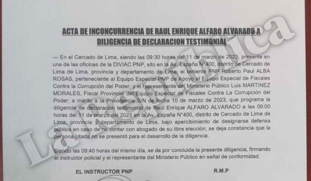  Acta de citación del comandante general de la PNP. Raúl Alfaro Alvarado.    