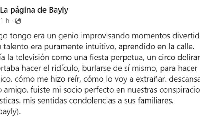  La emotiva despedida de Jaime Bayly a Tongo. Foto: Facebook   