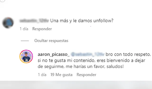  Aaron Picasso se molestó y no dudó en responder a detractor en plataformas sociales. Foto: captura de Instagram 