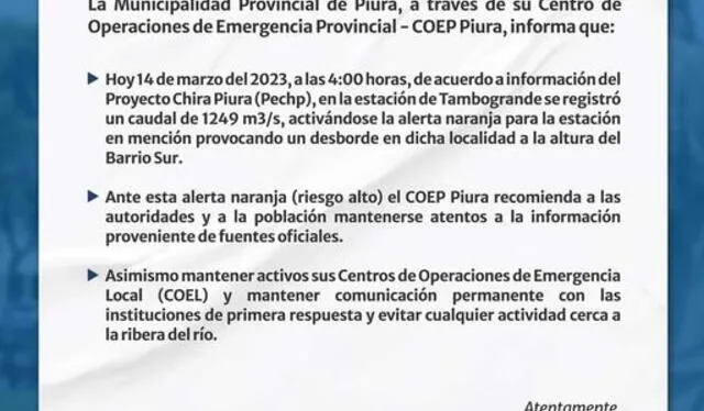 Comunicado emitido por la municipalidad. Foto: Municipalidad Pronvincial de Piura   