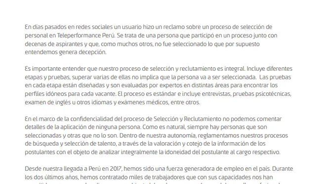 Comunicado enviado a este medio tras la denuncia por discriminación de la joven de 26 años. Foto: La República / Teleperformance   