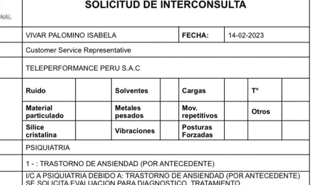 En el documento que envió Mepso se solicita una interconsulta a psiquiatría. Foto: La República   