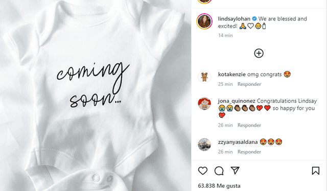 Lindsay Lohan anuncia la llegada de su primer bebé. Foto: Instagram.   