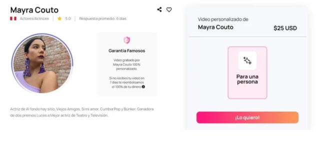  Este es el precio de los saludos personalizados de Mayra Couto. Foto: captura Famosos.com 