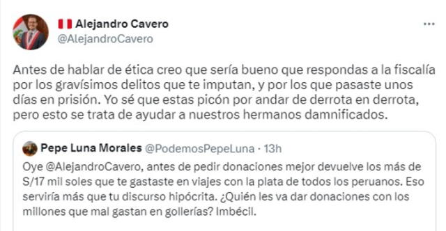 Alejandro Cavero y José Luna Morales tuvieron altercado en Twitter por donaciones solicitadas por el Parlamento. Foto: captura de Twitter/Alejandro Cavero   
