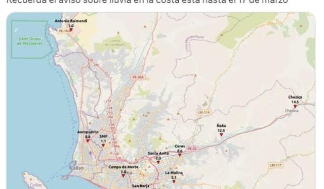  Senamhi reportó cuáles fueron los distritos con más precipitación. Foto: Senamhi/Twitter   