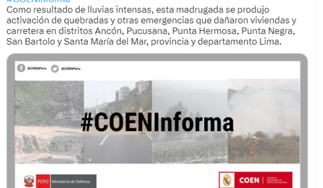  COEN informó sobre los distritos más afectados por las quebradas. Foto: COEN - INDECI/Twitter 