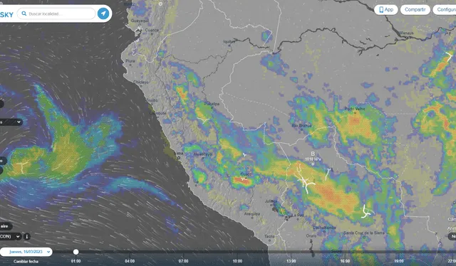  En el aplicativo web de Ventusky, tienes acceso a un mapa interactivo en el que puedes ver las precipitaciones, la velocidad del viento y otras condiciones meteorológicas. Foto: Captura Web Ventusky    
