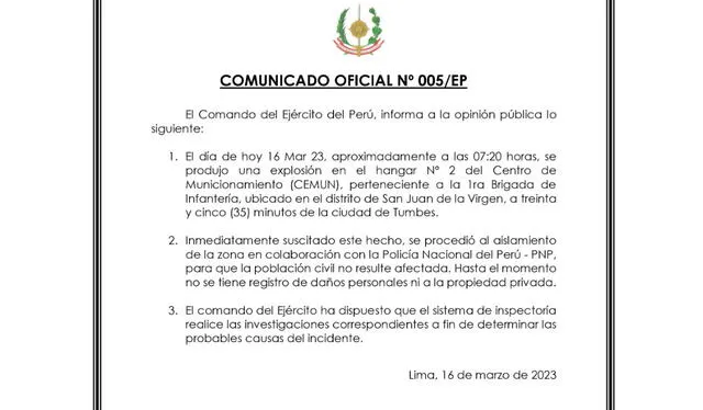 Comunicado. Foto: Ejército del Perú   