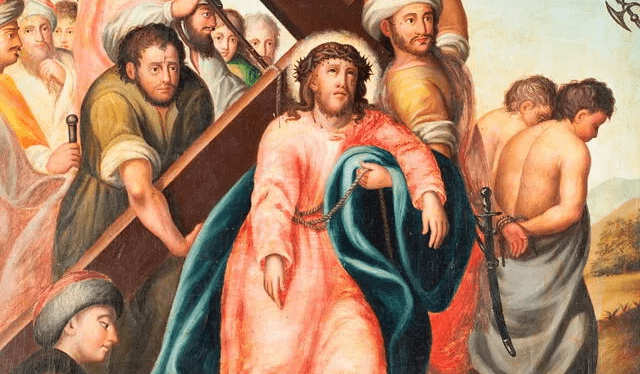 Quinta estación: Simón de Cirene ayuda a Jesús a cargar la cruz. Foto: Duomo di S. Biaggio   